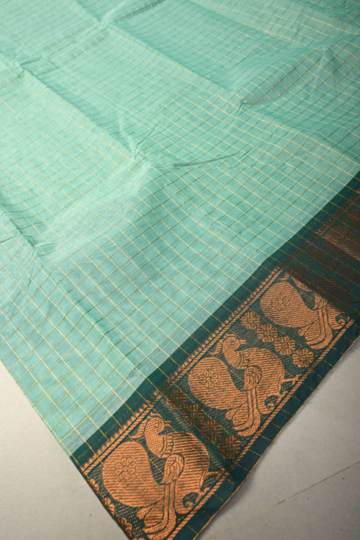 Seafoam green Zari Checks Pattern on Chettinad Cotton Saree with Contrast Zari Border, No Blouse Peice | SHOBITAM