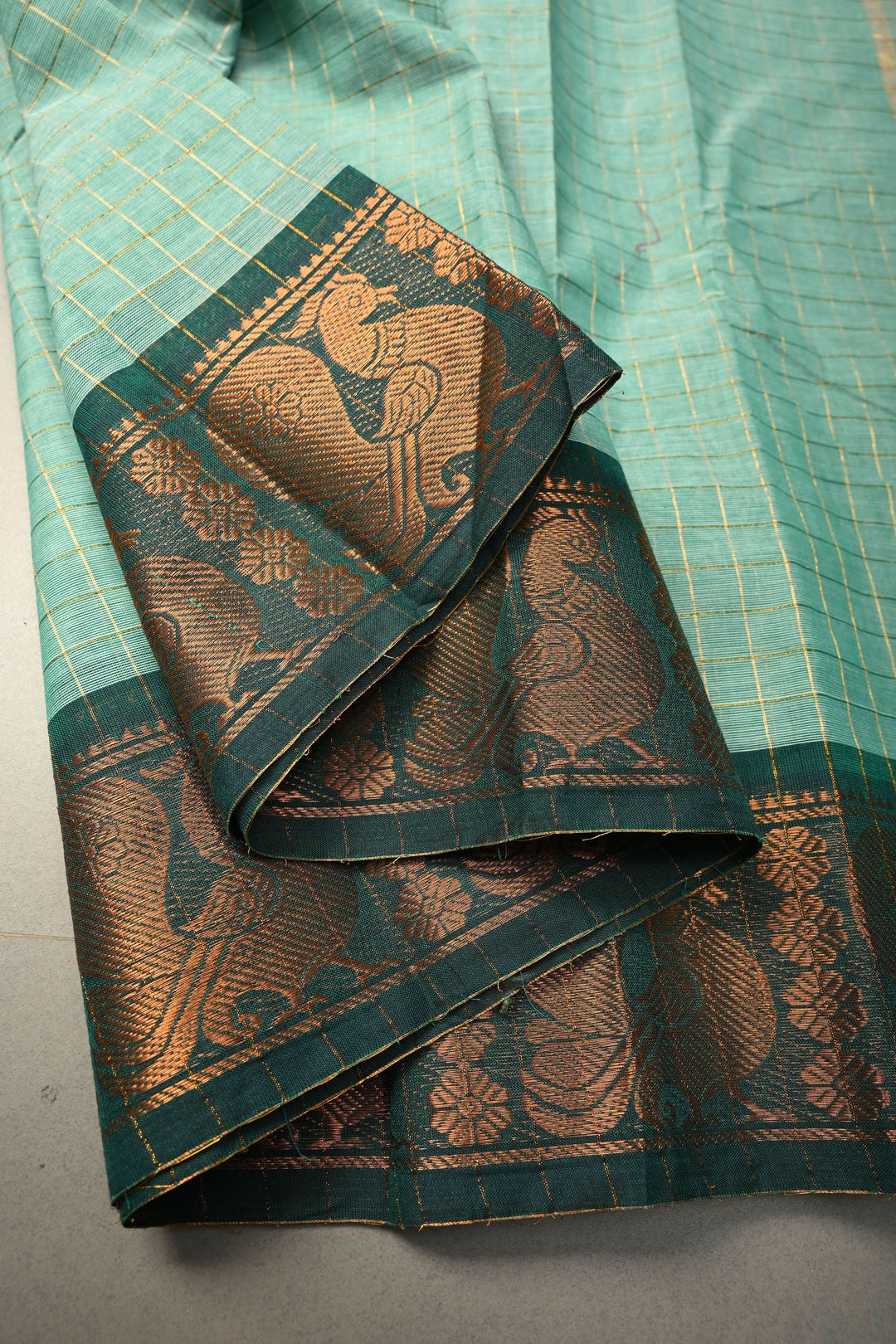 Seafoam green Zari Checks Pattern on Chettinad Cotton Saree with Contrast Zari Border, No Blouse Peice | SHOBITAM