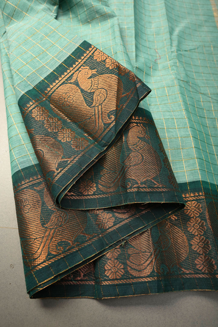 Seafoam green Zari Checks Pattern on Chettinad Cotton Saree with Contrast Zari Border, No Blouse Peice | SHOBITAM