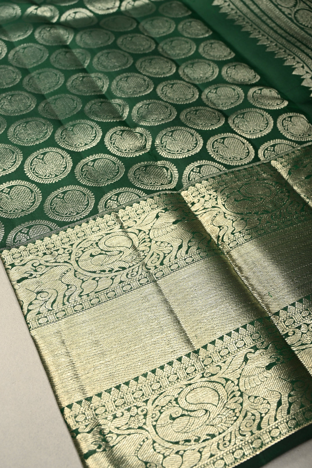 Forest Green Pure Kanjivaram Silk Saree with Peacock Siver Zari Brocade and Wide Zari Border | SILK MARK CERTIFIED | SHOBITAM