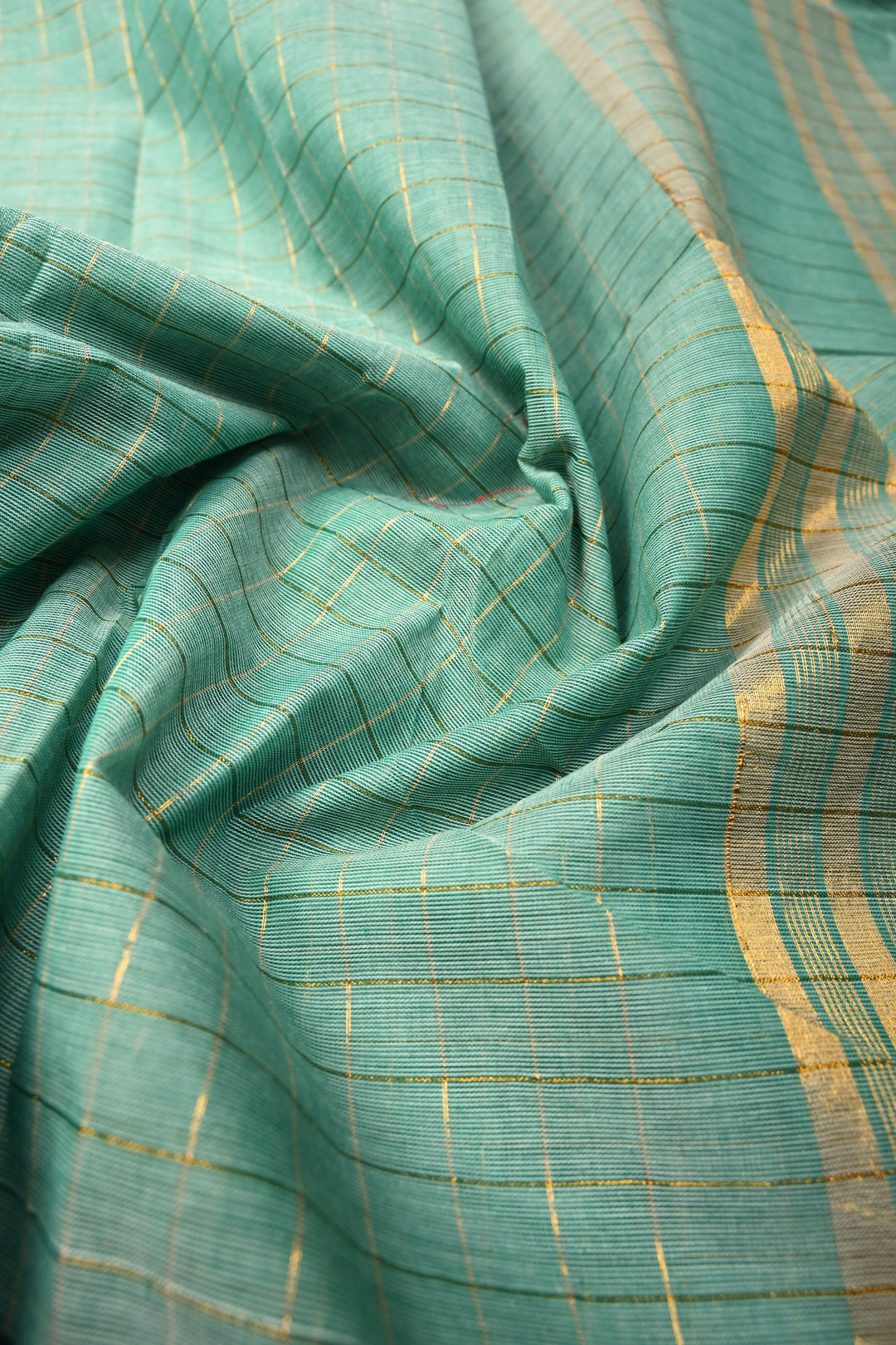 Seafoam green Zari Checks Pattern on Chettinad Cotton Saree with Contrast Zari Border, No Blouse Peice | SHOBITAM