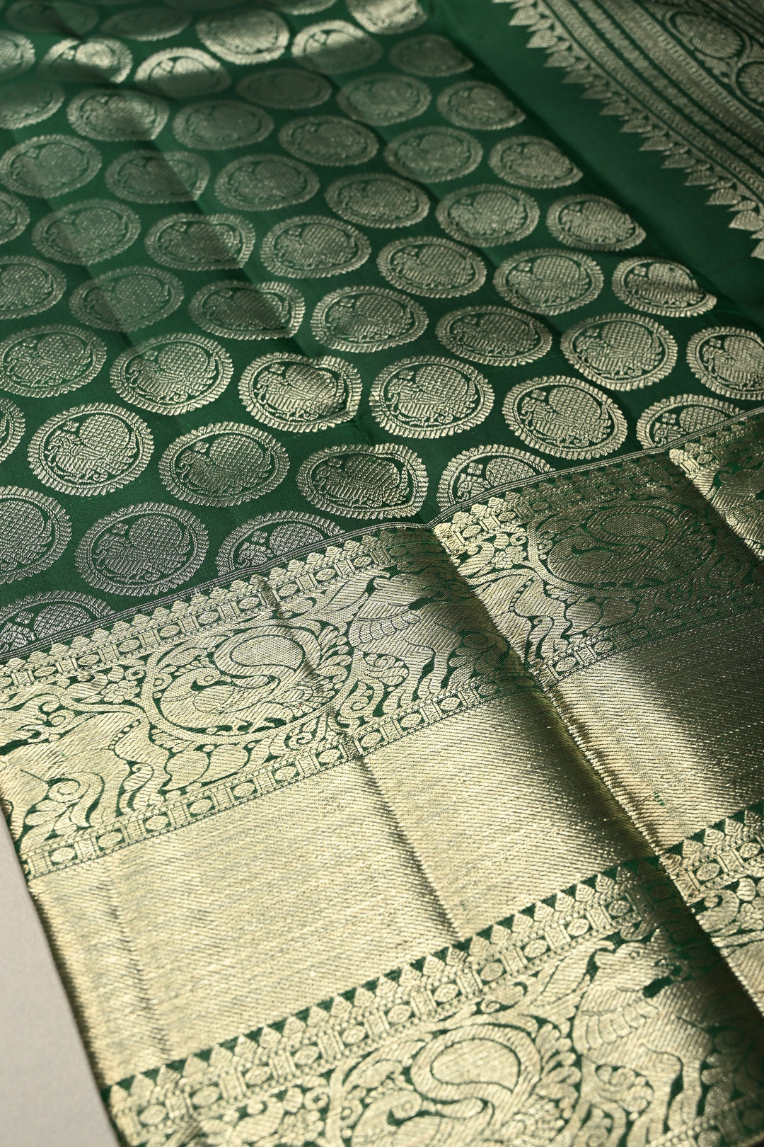 Forest Green Pure Kanjivaram Silk Saree with Peacock Siver Zari Brocade and Wide Zari Border | SILK MARK CERTIFIED | SHOBITAM