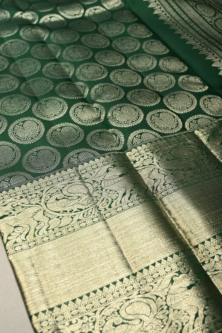 Forest Green Pure Kanjivaram Silk Saree with Peacock Siver Zari Brocade and Wide Zari Border | SILK MARK CERTIFIED | SHOBITAM