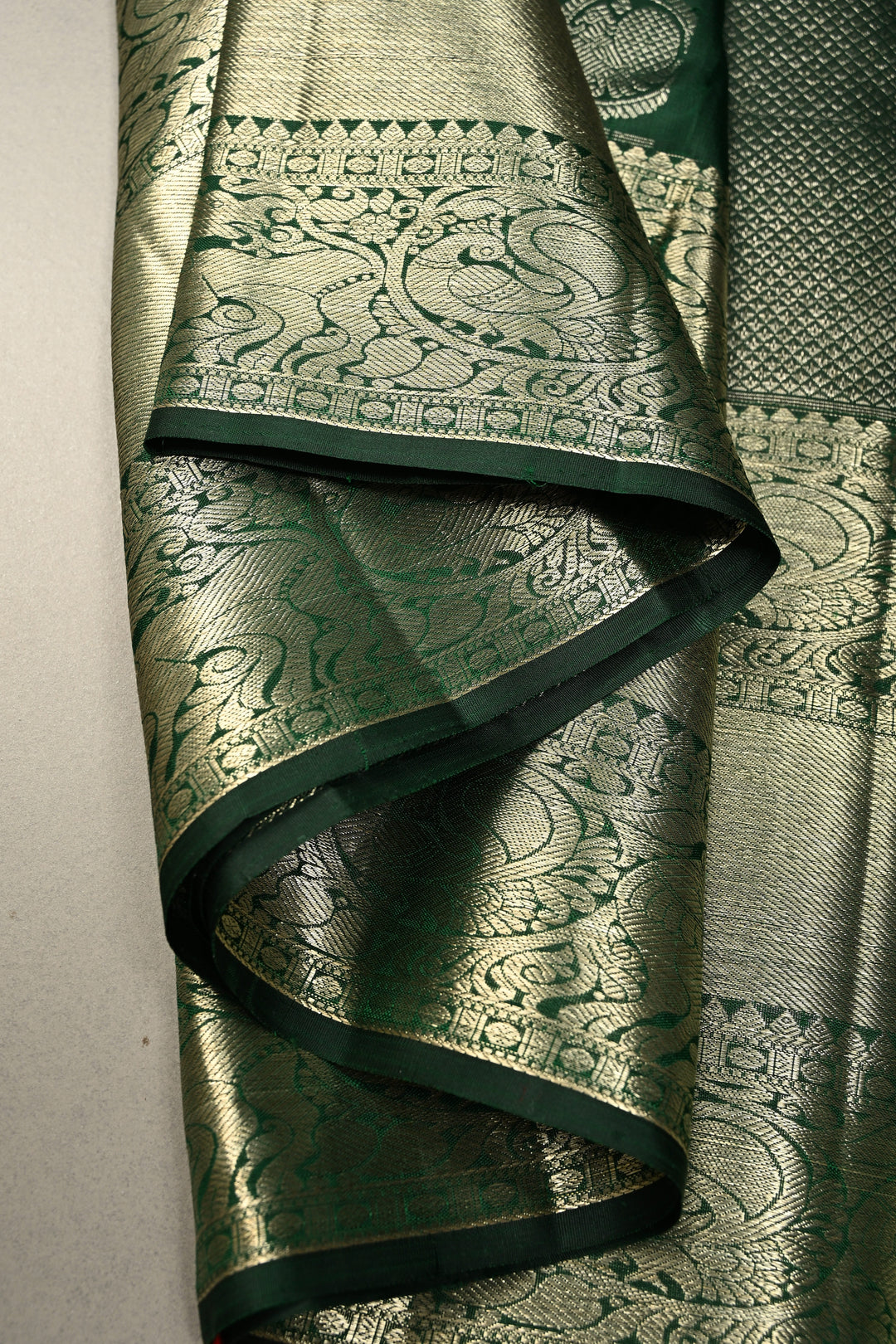 Forest Green Pure Kanjivaram Silk Saree with Peacock Siver Zari Brocade and Wide Zari Border | SILK MARK CERTIFIED | SHOBITAM