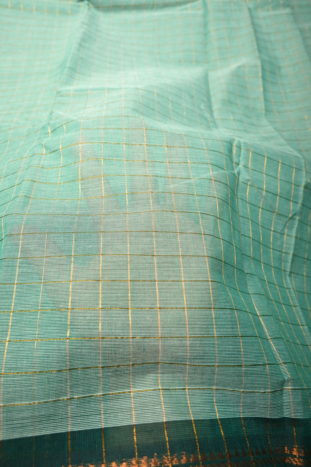 Seafoam green Zari Checks Pattern on Chettinad Cotton Saree with Contrast Zari Border, No Blouse Peice | SHOBITAM