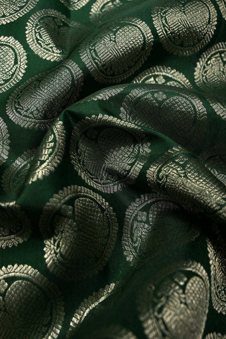 Forest Green Pure Kanjivaram Silk Saree with Peacock Siver Zari Brocade and Wide Zari Border | SILK MARK CERTIFIED | SHOBITAM