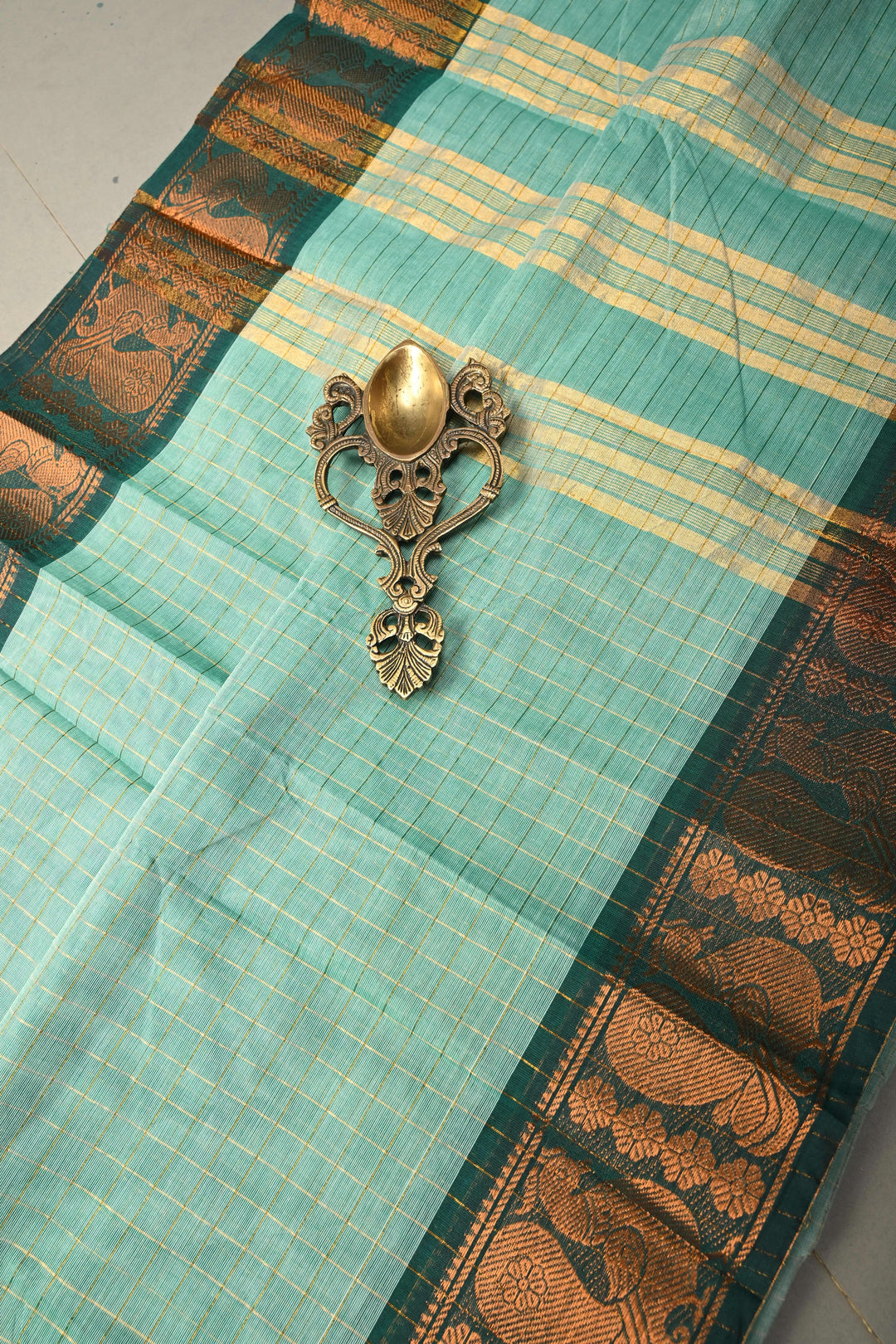 Seafoam green Zari Checks Pattern on Chettinad Cotton Saree with Contrast Zari Border, No Blouse Peice | SHOBITAM