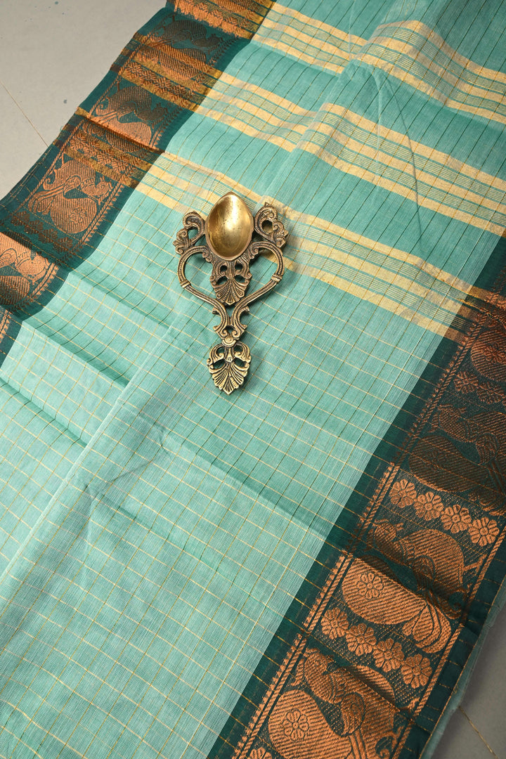 Seafoam green Zari Checks Pattern on Chettinad Cotton Saree with Contrast Zari Border, No Blouse Peice | SHOBITAM