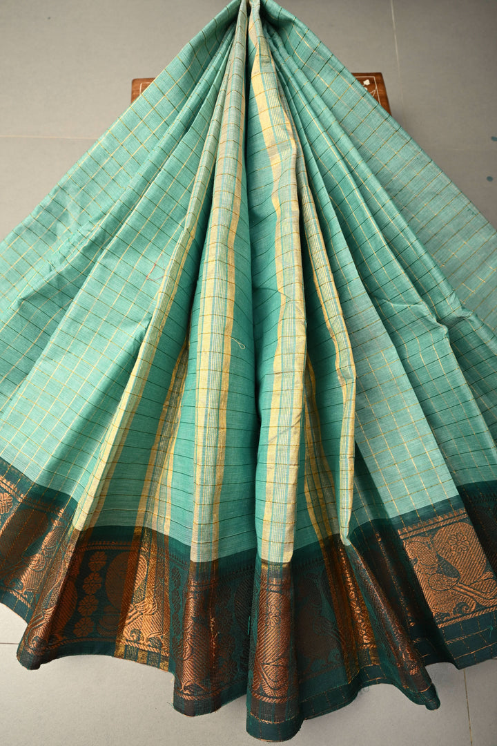 Seafoam green Zari Checks Pattern on Chettinad Cotton Saree with Contrast Zari Border, No Blouse Peice | SHOBITAM