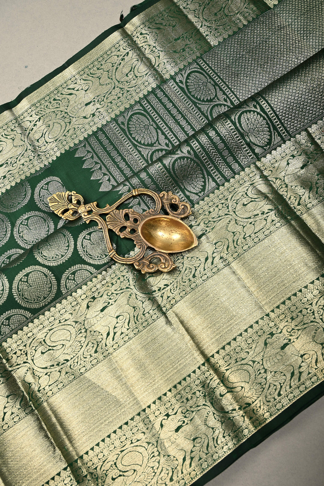 Forest Green Pure Kanjivaram Silk Saree with Peacock Siver Zari Brocade and Wide Zari Border | SILK MARK CERTIFIED | SHOBITAM