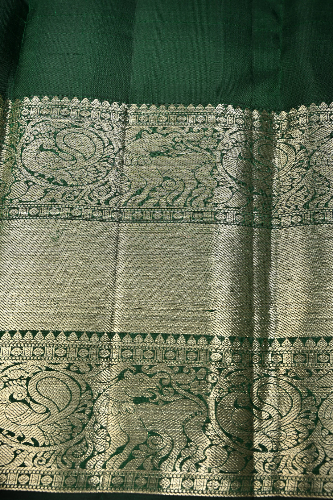 Forest Green Pure Kanjivaram Silk Saree with Peacock Siver Zari Brocade and Wide Zari Border | SILK MARK CERTIFIED | SHOBITAM