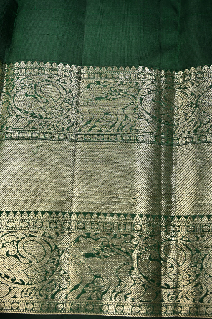 Forest Green Pure Kanjivaram Silk Saree with Peacock Siver Zari Brocade and Wide Zari Border | SILK MARK CERTIFIED | SHOBITAM