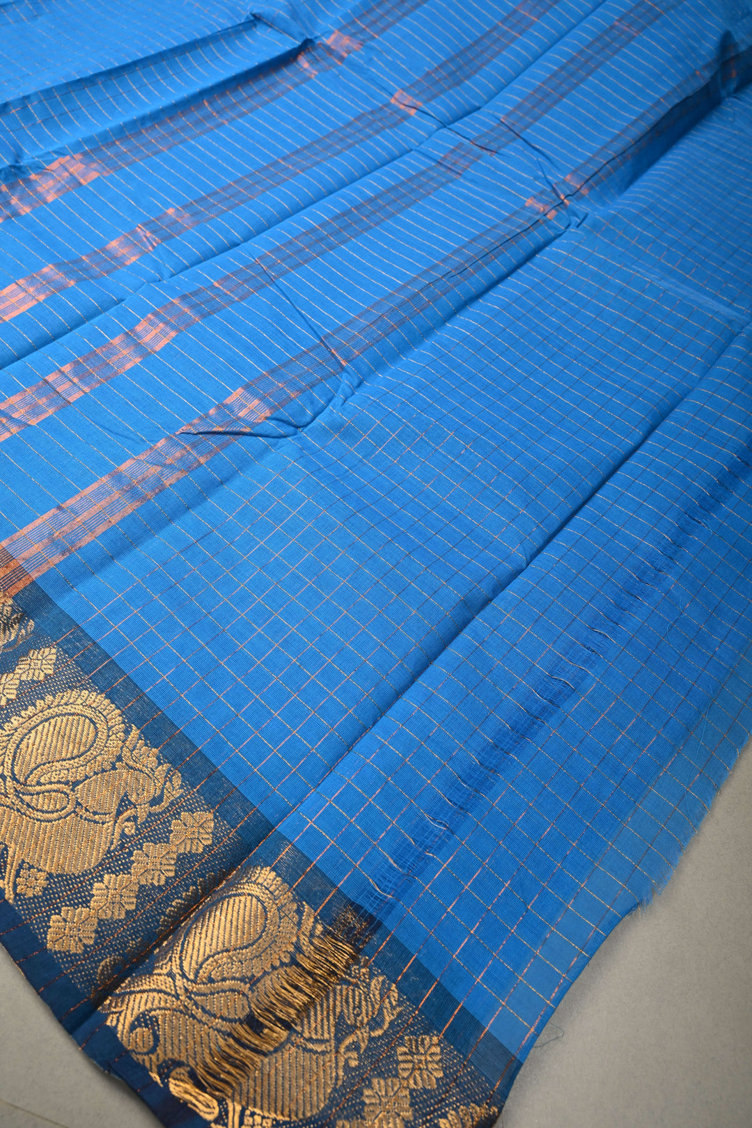 Cobalt blue  Zari Checks Pattern on Chettinad Cotton Saree with Contrast Zari Border, No Blouse Peice | SHOBITAM