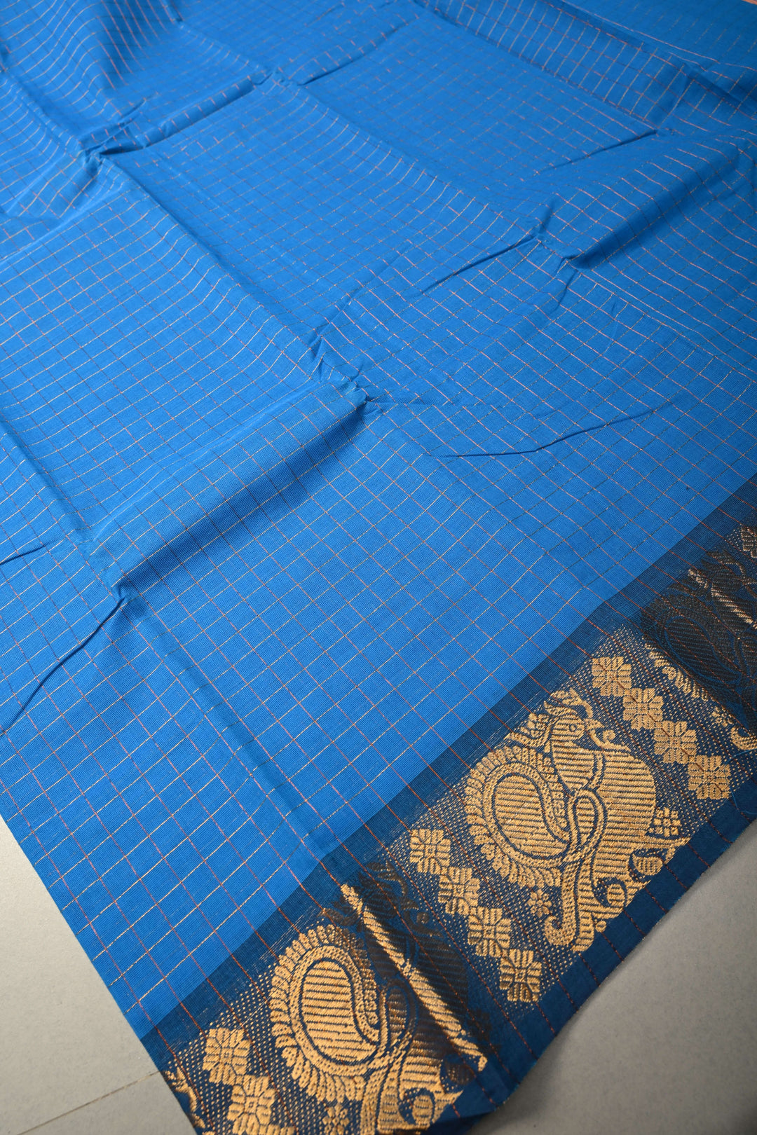 Cobalt blue  Zari Checks Pattern on Chettinad Cotton Saree with Contrast Zari Border, No Blouse Peice | SHOBITAM