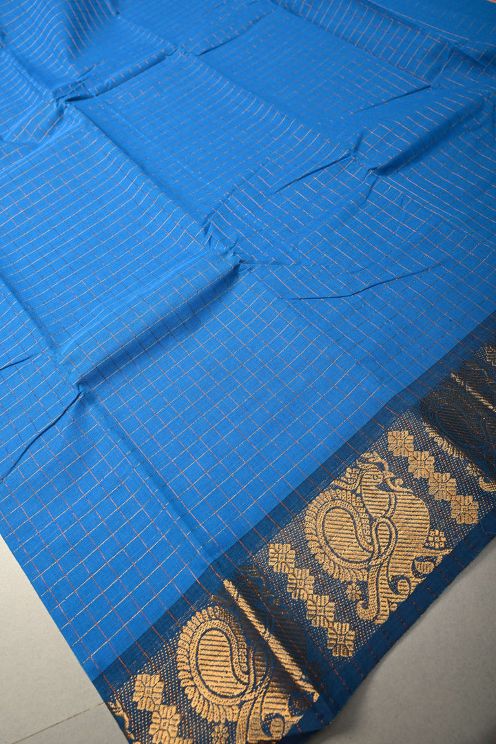 Cobalt blue  Zari Checks Pattern on Chettinad Cotton Saree with Contrast Zari Border, No Blouse Peice | SHOBITAM