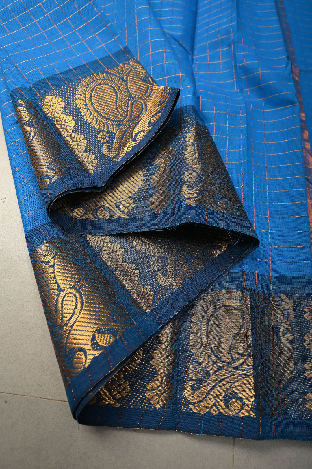 Cobalt blue  Zari Checks Pattern on Chettinad Cotton Saree with Contrast Zari Border, No Blouse Peice | SHOBITAM
