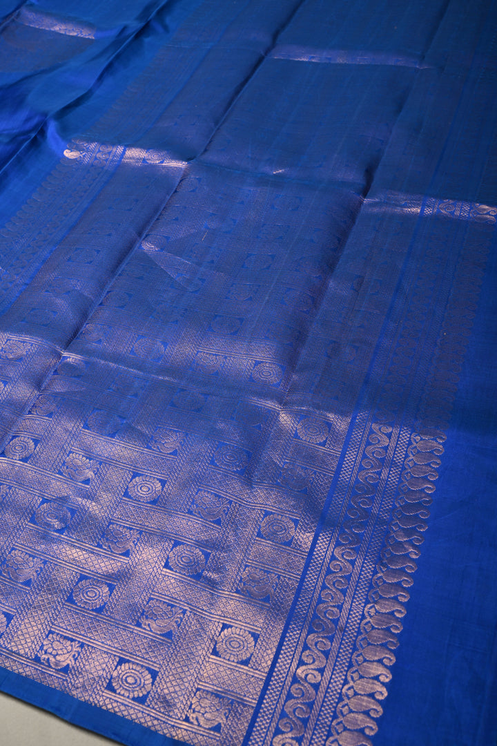 Royal Blue-Green Dual tone Borderless Kanjivaram Soft Silk Saree with Peacock Medallion Zari Buttas  | SILK MARK CERTIFIED | SHOBITAM