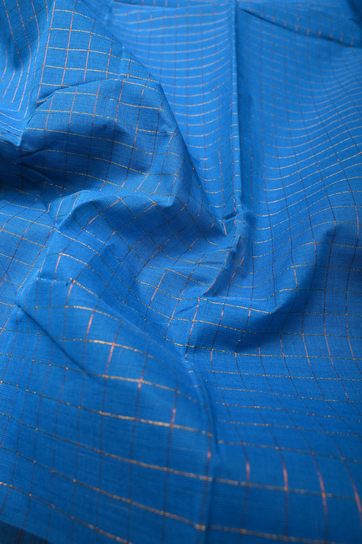 Cobalt blue  Zari Checks Pattern on Chettinad Cotton Saree with Contrast Zari Border, No Blouse Peice | SHOBITAM