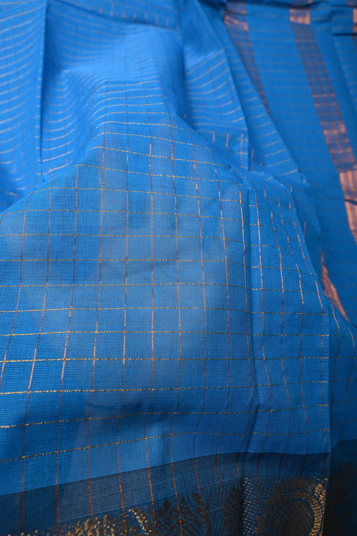 Cobalt blue  Zari Checks Pattern on Chettinad Cotton Saree with Contrast Zari Border, No Blouse Peice | SHOBITAM