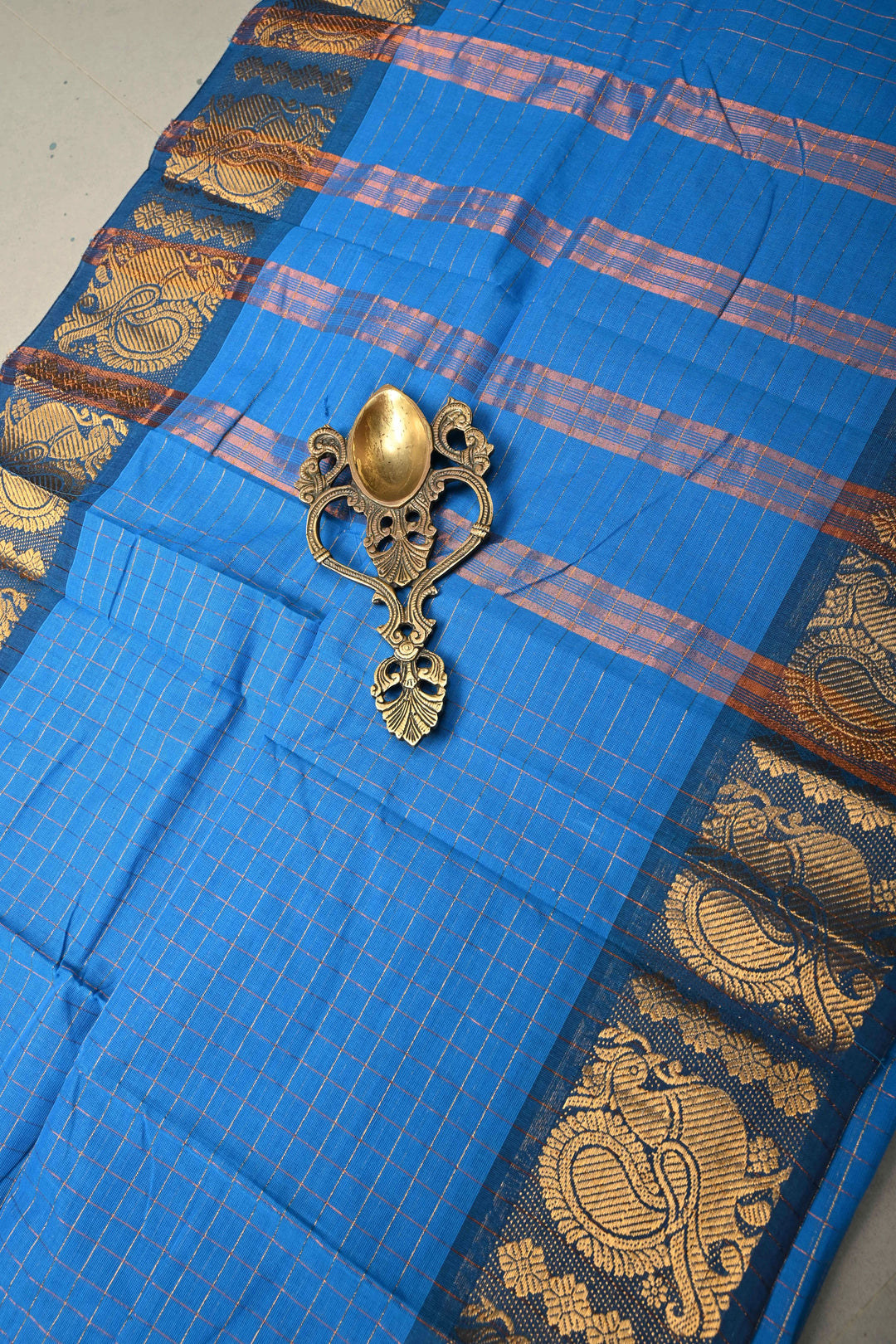 Cobalt blue  Zari Checks Pattern on Chettinad Cotton Saree with Contrast Zari Border, No Blouse Peice | SHOBITAM