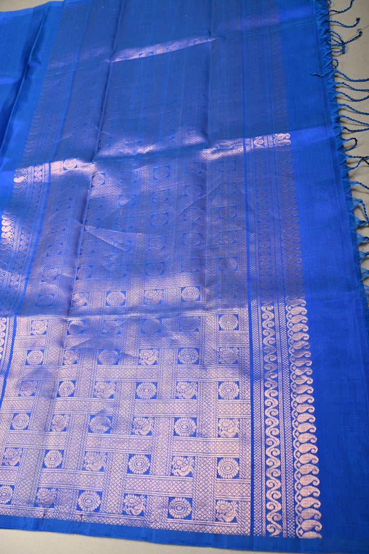 Royal Blue-Green Dual tone Borderless Kanjivaram Soft Silk Saree with Peacock Medallion Zari Buttas  | SILK MARK CERTIFIED | SHOBITAM