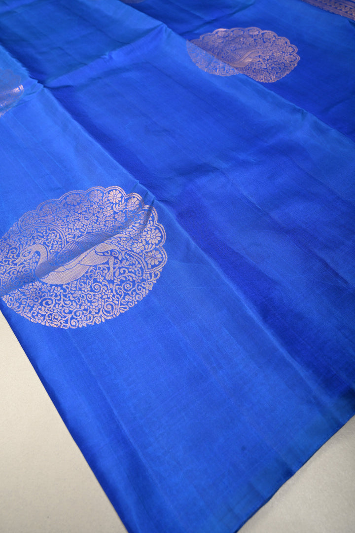 Royal Blue-Green Dual tone Borderless Kanjivaram Soft Silk Saree with Peacock Medallion Zari Buttas  | SILK MARK CERTIFIED | SHOBITAM