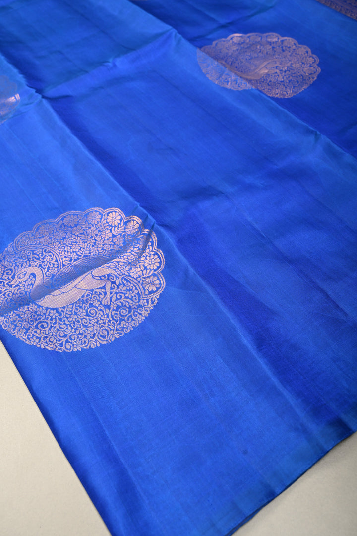 Royal Blue-Green Dual tone Borderless Kanjivaram Soft Silk Saree with Peacock Medallion Zari Buttas  | SILK MARK CERTIFIED | SHOBITAM
