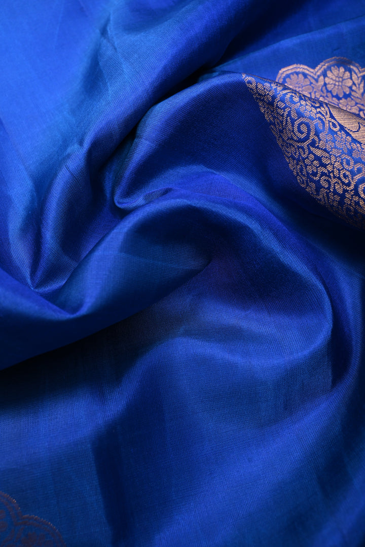 Royal Blue-Green Dual tone Borderless Kanjivaram Soft Silk Saree with Peacock Medallion Zari Buttas  | SILK MARK CERTIFIED | SHOBITAM