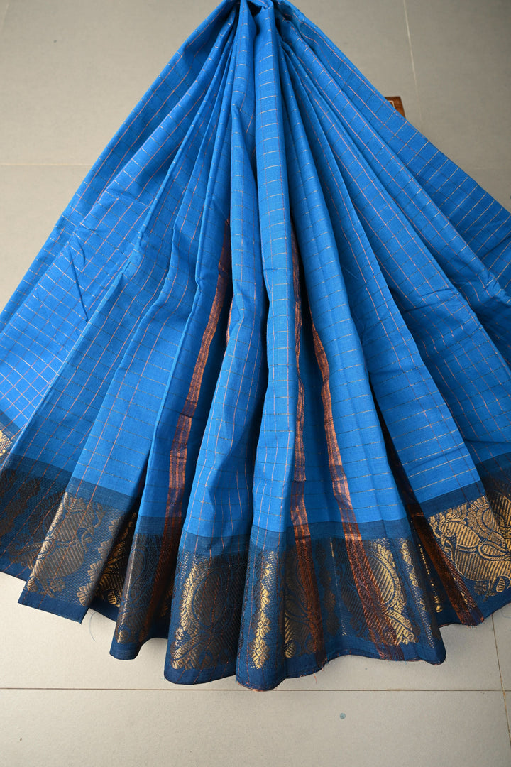 Cobalt blue  Zari Checks Pattern on Chettinad Cotton Saree with Contrast Zari Border, No Blouse Peice | SHOBITAM
