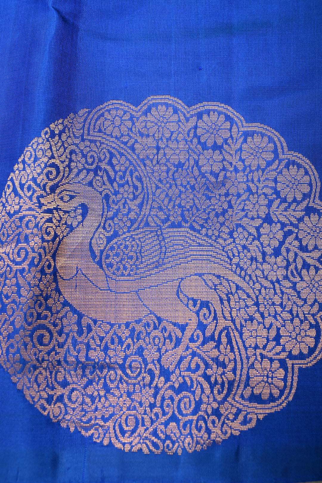 Royal Blue-Green Dual tone Borderless Kanjivaram Soft Silk Saree with Peacock Medallion Zari Buttas  | SILK MARK CERTIFIED | SHOBITAM