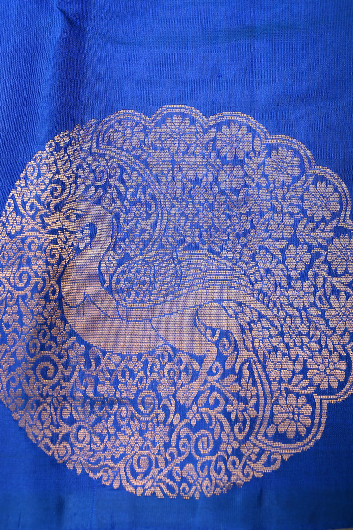 Royal Blue-Green Dual tone Borderless Kanjivaram Soft Silk Saree with Peacock Medallion Zari Buttas  | SILK MARK CERTIFIED | SHOBITAM
