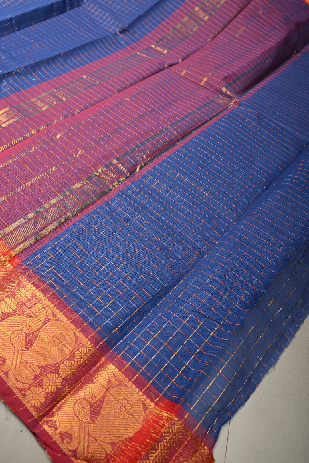 Navy Blue Zari Checks on Chettinad Cotton Saree with Contrast Zari Border, No Blouse Piece | SHOBITAM