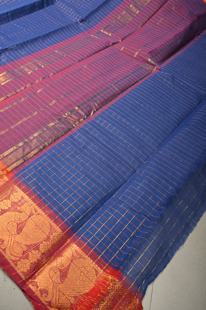 Navy Blue Zari Checks on Chettinad Cotton Saree with Contrast Zari Border, No Blouse Piece | SHOBITAM