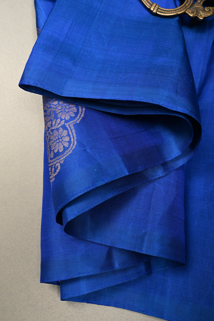 Royal Blue-Green Dual tone Borderless Kanjivaram Soft Silk Saree with Peacock Medallion Zari Buttas  | SILK MARK CERTIFIED | SHOBITAM