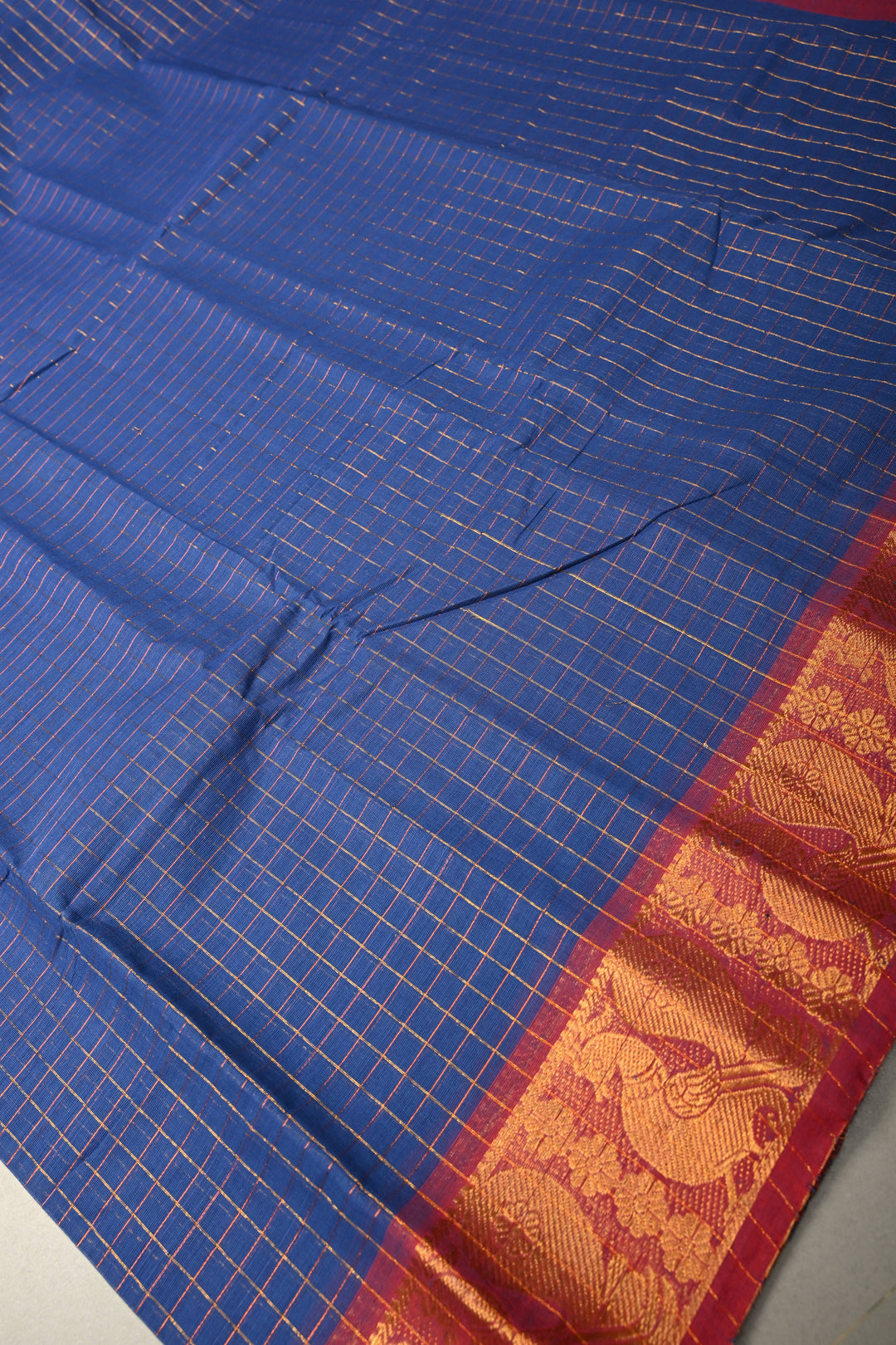 Navy Blue Zari Checks on Chettinad Cotton Saree with Contrast Zari Border, No Blouse Piece | SHOBITAM