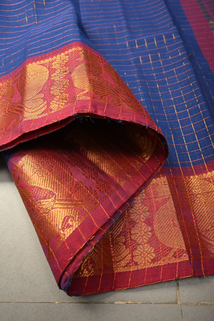 Navy Blue Zari Checks on Chettinad Cotton Saree with Contrast Zari Border, No Blouse Piece | SHOBITAM