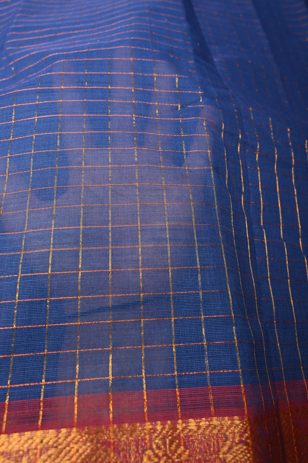 Navy Blue Zari Checks on Chettinad Cotton Saree with Contrast Zari Border, No Blouse Piece | SHOBITAM