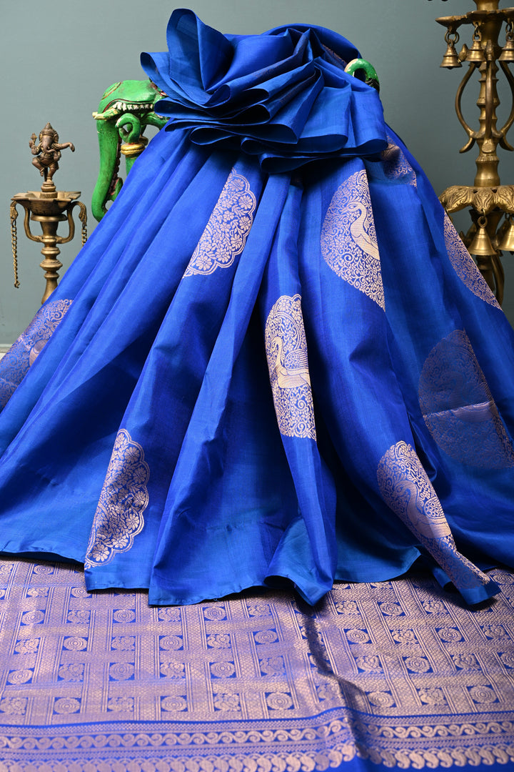 Royal Blue-Green Dual tone Borderless Kanjivaram Soft Silk Saree with Peacock Medallion Zari Buttas  | SILK MARK CERTIFIED | SHOBITAM