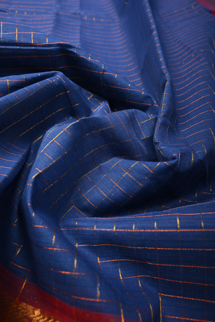 Navy Blue Zari Checks on Chettinad Cotton Saree with Contrast Zari Border, No Blouse Piece | SHOBITAM