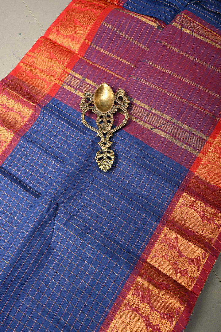 Navy Blue Zari Checks on Chettinad Cotton Saree with Contrast Zari Border, No Blouse Piece | SHOBITAM