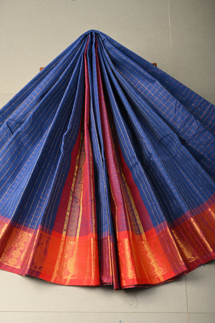 Navy Blue Zari Checks on Chettinad Cotton Saree with Contrast Zari Border, No Blouse Piece | SHOBITAM