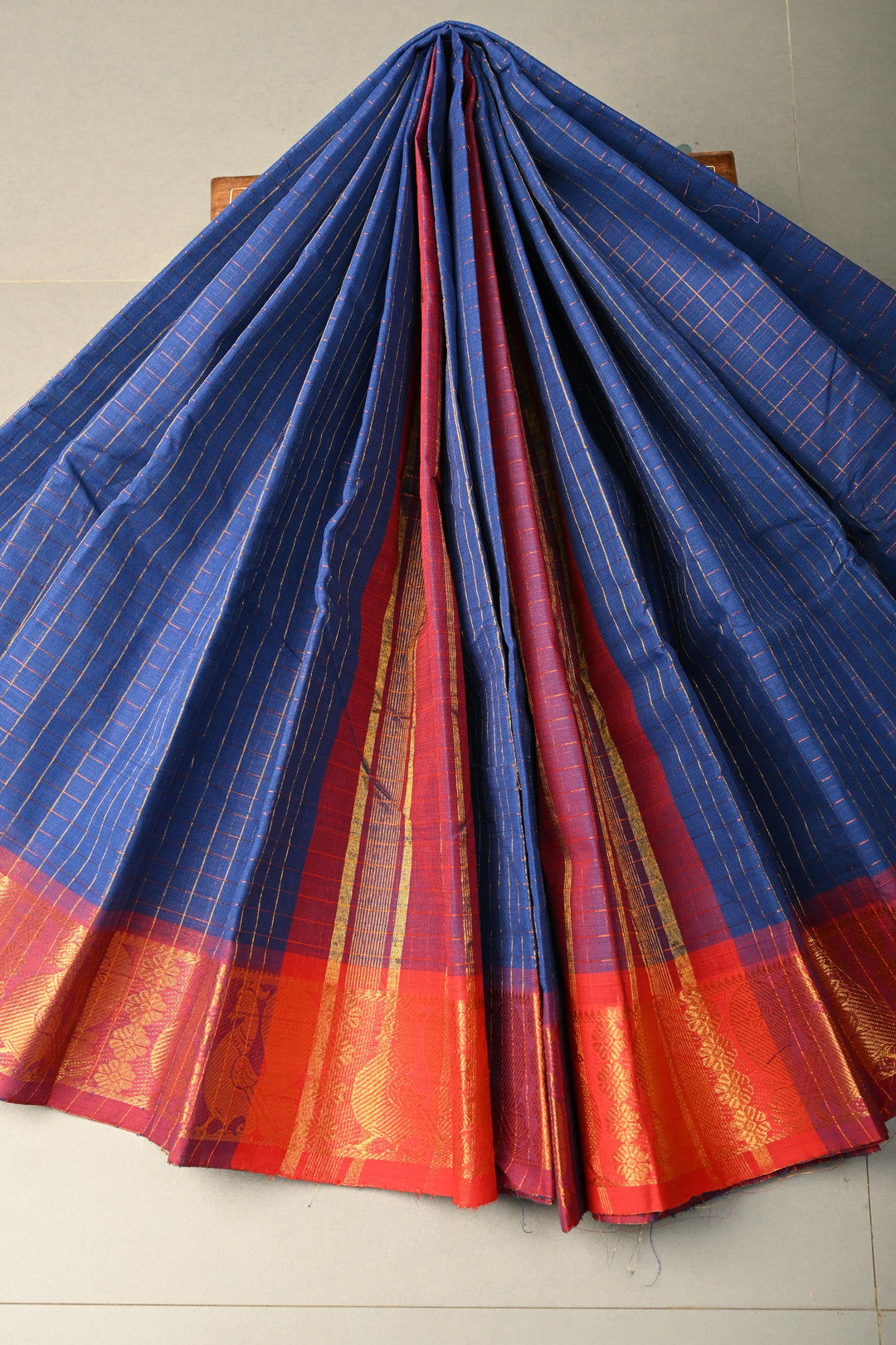 Navy Blue Zari Checks on Chettinad Cotton Saree with Contrast Zari Border, No Blouse Piece | SHOBITAM