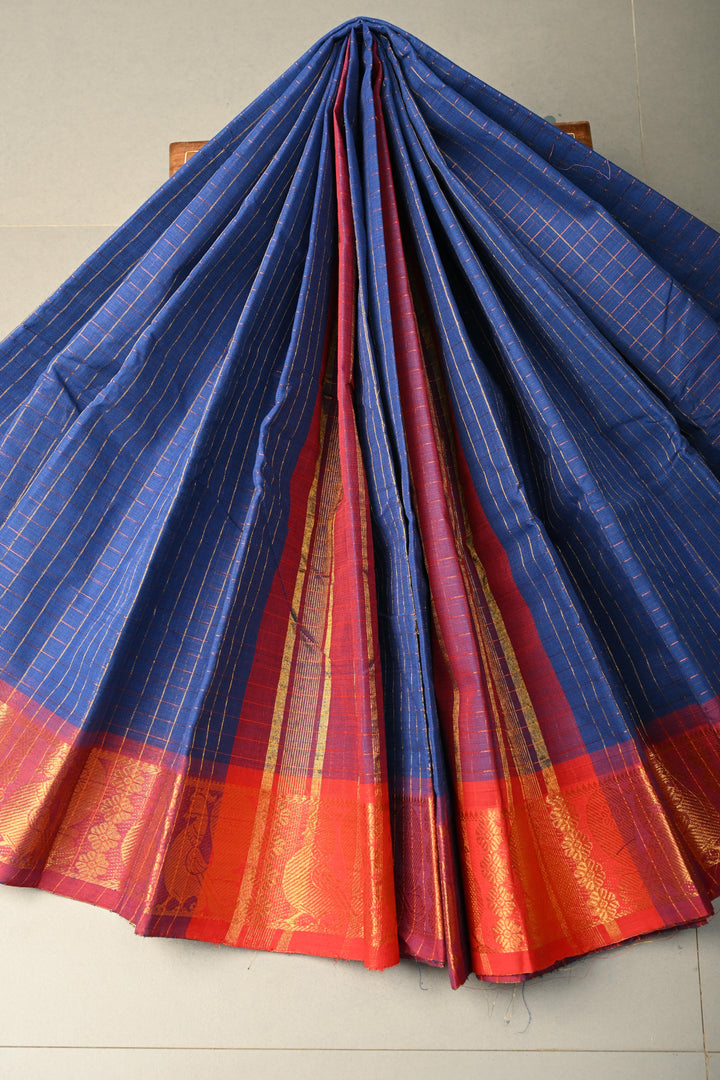 Navy Blue Zari Checks on Chettinad Cotton Saree with Contrast Zari Border, No Blouse Piece | SHOBITAM
