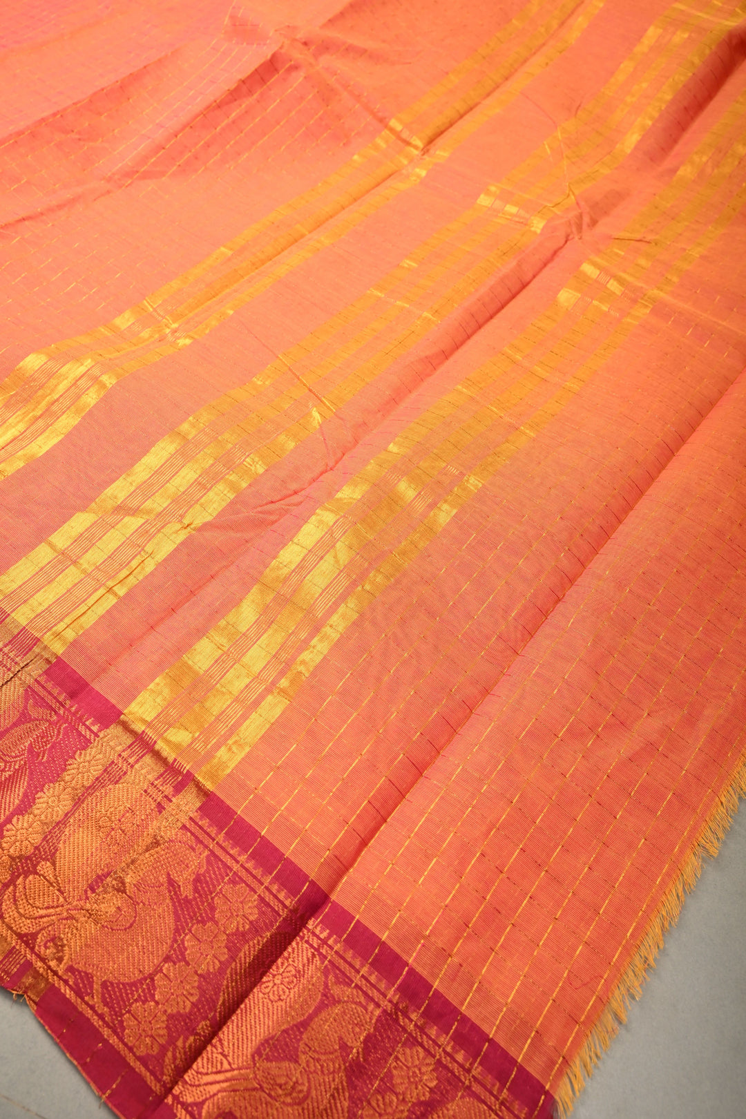 Orange pink dual tone  Zari Checks Pattern on Chettinad Cotton Saree with Contrast Zari Border, No Blouse Peice | SHOBITAM