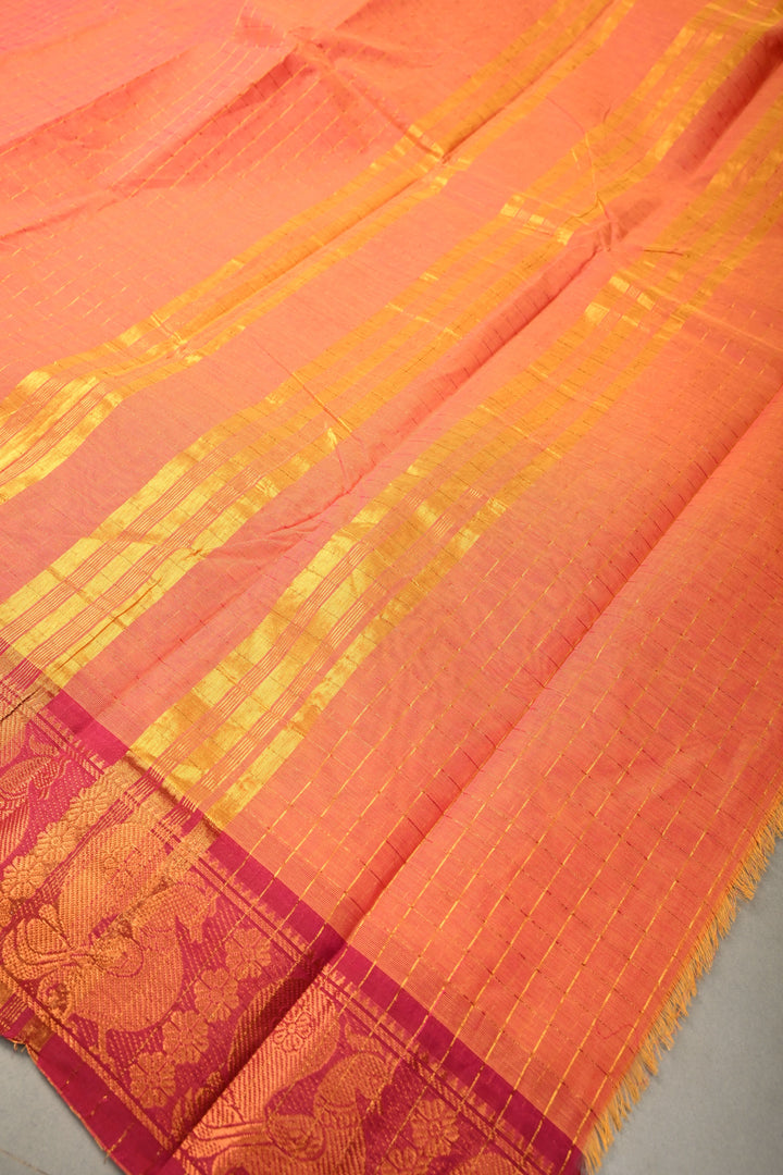 Orange pink dual tone  Zari Checks Pattern on Chettinad Cotton Saree with Contrast Zari Border, No Blouse Peice | SHOBITAM