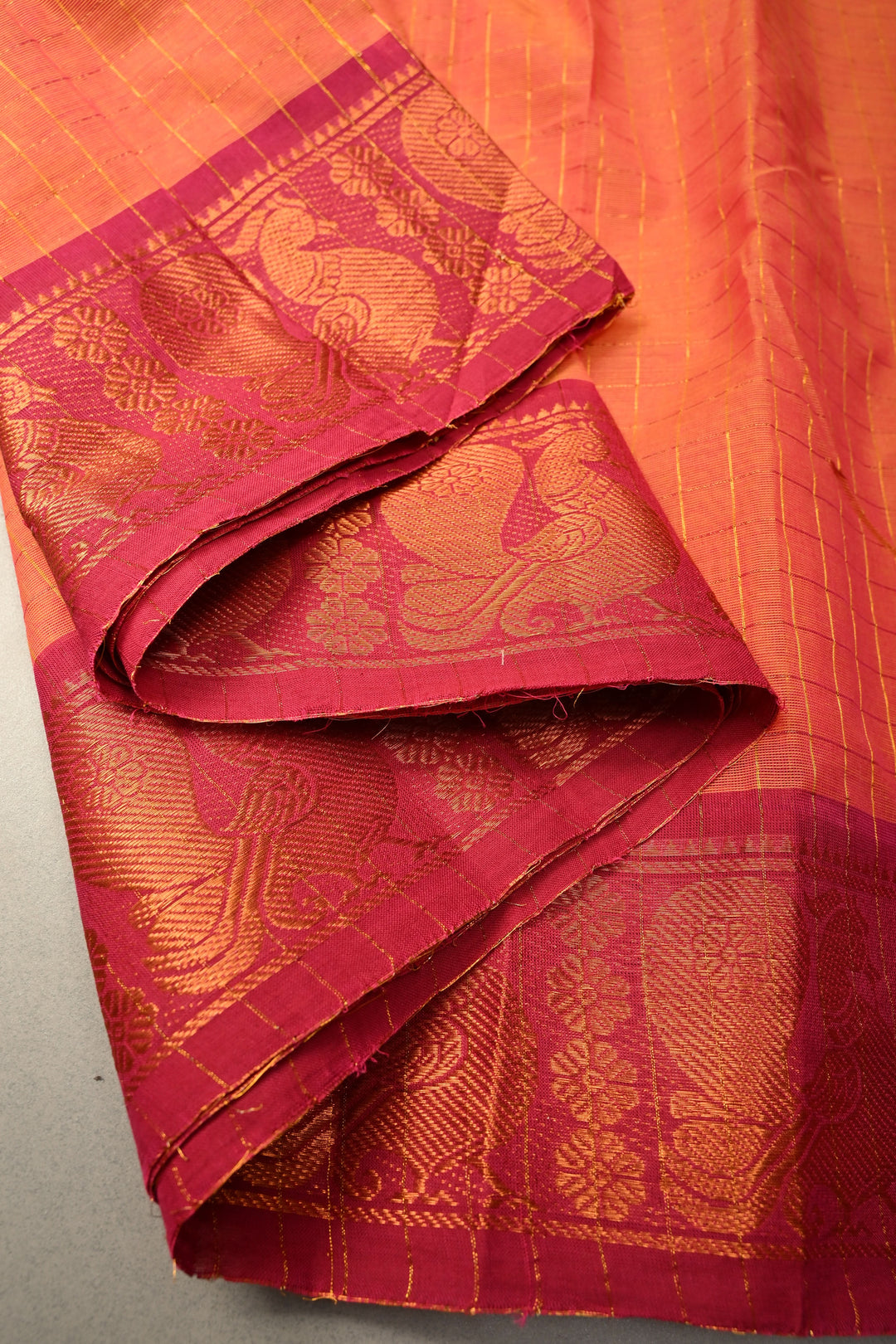 Orange pink dual tone  Zari Checks Pattern on Chettinad Cotton Saree with Contrast Zari Border, No Blouse Peice | SHOBITAM