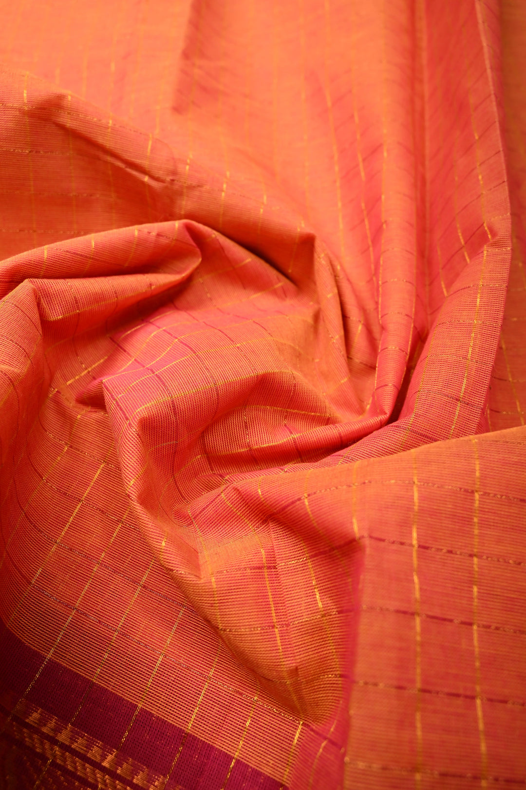 Orange pink dual tone  Zari Checks Pattern on Chettinad Cotton Saree with Contrast Zari Border, No Blouse Peice | SHOBITAM