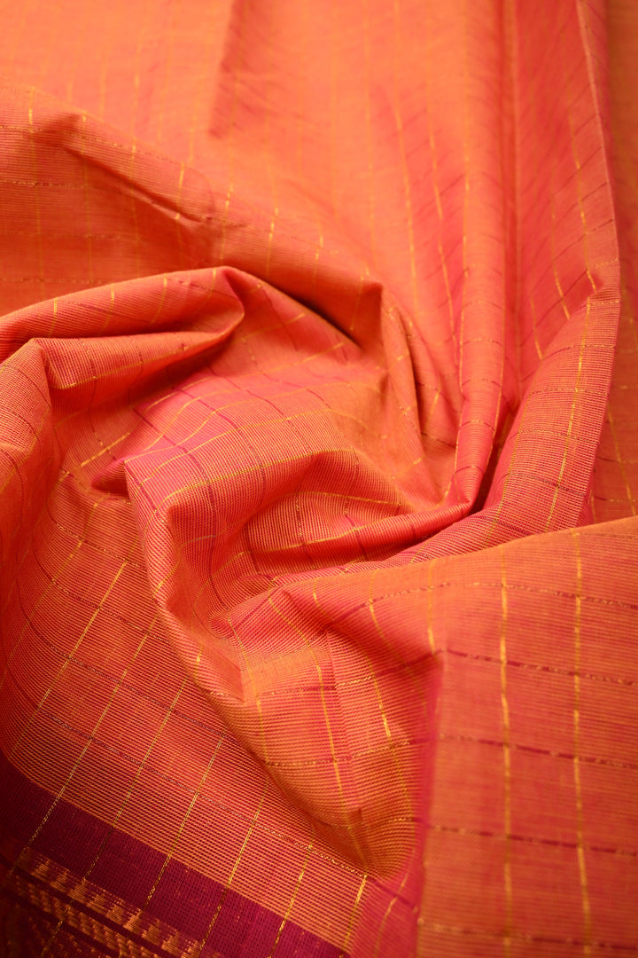 Orange pink dual tone  Zari Checks Pattern on Chettinad Cotton Saree with Contrast Zari Border, No Blouse Peice | SHOBITAM