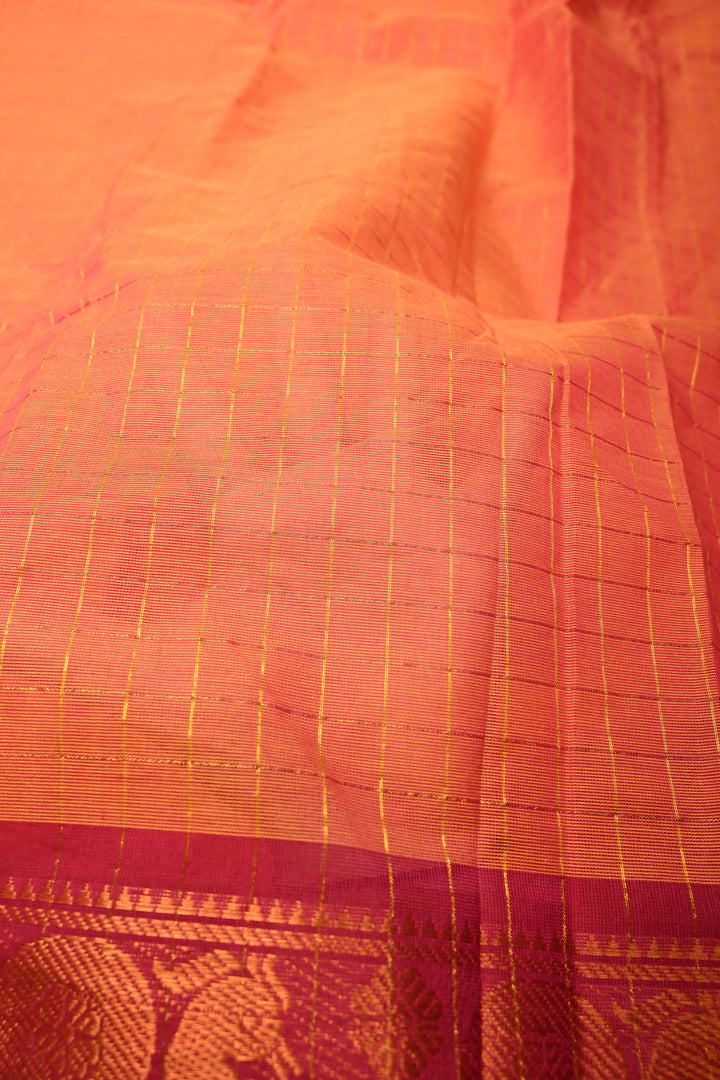 Orange pink dual tone  Zari Checks Pattern on Chettinad Cotton Saree with Contrast Zari Border, No Blouse Peice | SHOBITAM