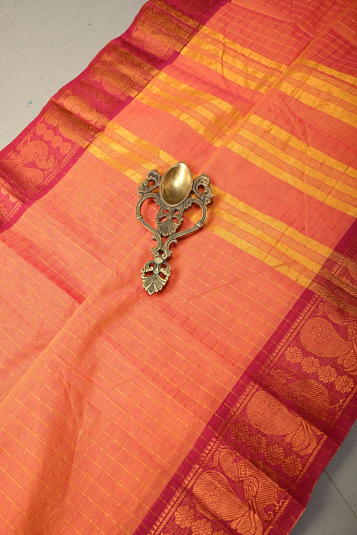 Orange pink dual tone  Zari Checks Pattern on Chettinad Cotton Saree with Contrast Zari Border, No Blouse Peice | SHOBITAM